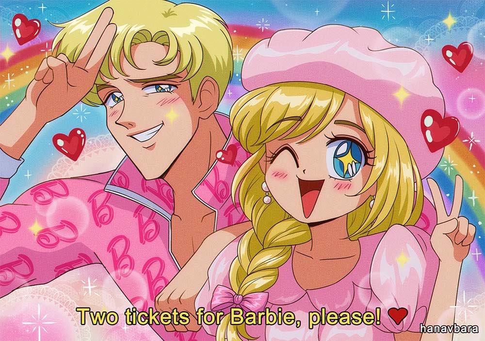 1boy 1girl animification barbenheimer_(meme) barbie_(character) barbie_(franchise) barbie_(live_action) blonde_hair blue_sky blush cloud cloudy_sky english_text hanavbara heart jacket ken_(barbie) meme one_eye_closed oppenheimer_(movie) pink_clouds pink_jacket rainbow sky smile stereotypical_barbie_(live_action) y2k_fashion