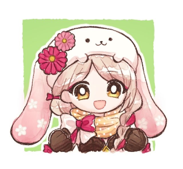 1girl animal_hat aoi_hana_(artist) blonde_hair braid braided_ponytail brown_gloves expressive_clothes fire_emblem fire_emblem_engage fire_emblem_heroes framme_(fire_emblem) framme_(spring)_(fire_emblem) gloves hair_over_shoulder hat nintendo official_alternate_costume rabbit_hat scarf solo yellow_eyes yellow_scarf