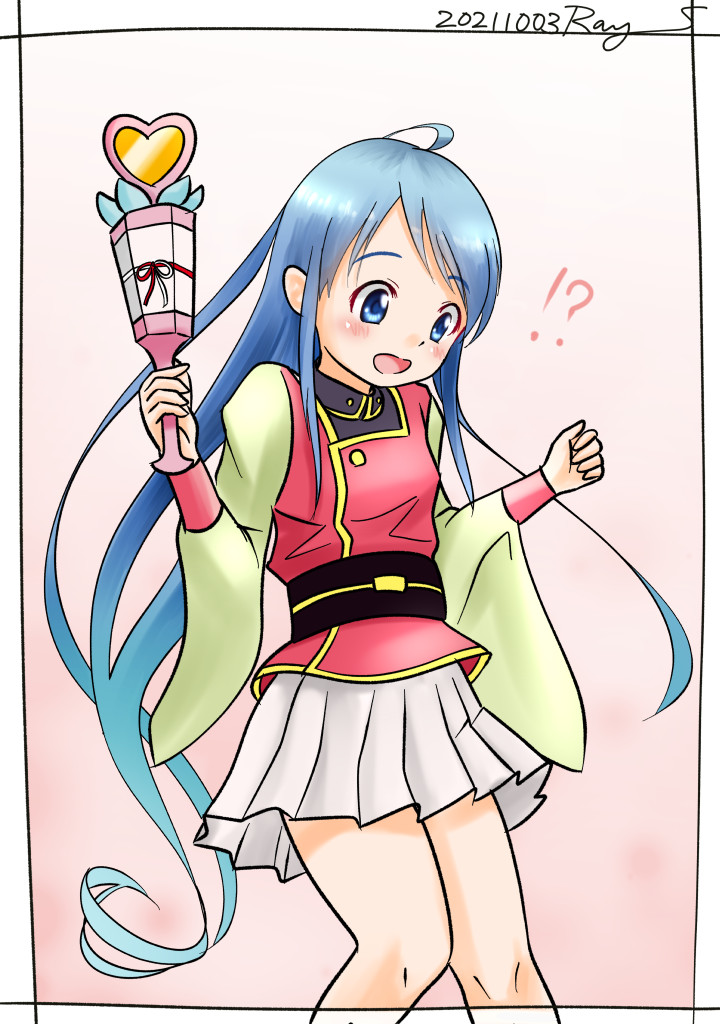 !? 1girl blue_eyes blue_hair cosplay cowboy_shot gradient_hair kantai_collection long_hair magical_girl mahou_shoujo_pretty_sammy multicolored_hair name_connection pleated_skirt pretty_sammy pretty_sammy_(character) pretty_sammy_(character)_(cosplay) pun ray.s samidare_(kancolle) skirt solo swept_bangs very_long_hair wand white_skirt wide_sleeves