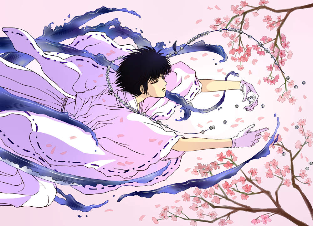 1boy black_hair cherry_blossoms closed_eyes gloves japanese_clothes jrkain kimono male_focus pink_background solo sumeragi_subaru x_(manga)
