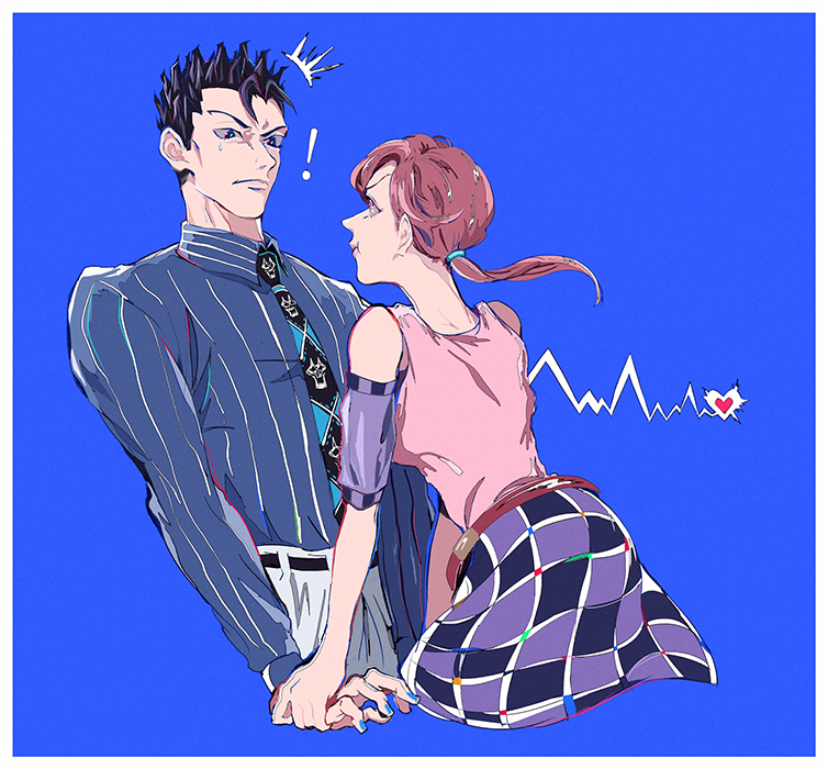 ! 1boy 1girl black_hair blue_background breasts brown_hair commentary_request diamond_wa_kudakenai hand_grab heart hetero jojo_no_kimyou_na_bouken kawajiri_kosaku kawajiri_shinobu kira_yoshikage long_hair long_sleeves looking_at_another medium_breasts mizudama necktie pants pout shirt short_hair skirt spoken_exclamation_mark sweatdrop
