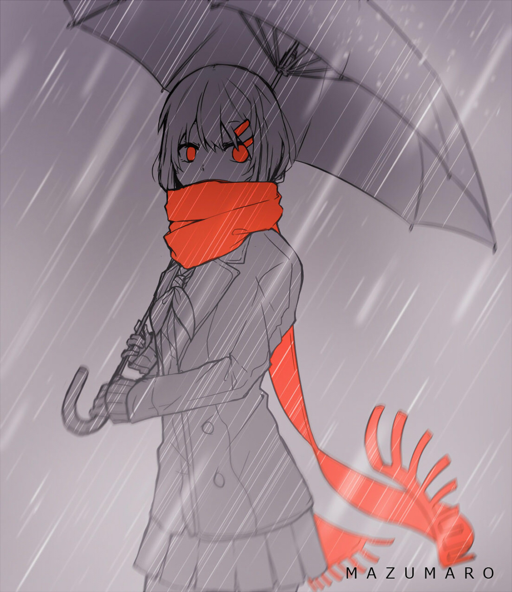 1girl artist_name blazer commentary covering_own_mouth female_focus greyscale hair_ornament hairclip holding holding_umbrella jacket kagerou_project long_sleeves mazumaro monochrome pleated_skirt rain red_eyes red_scarf scarf skirt solo spot_color tateyama_ayano umbrella