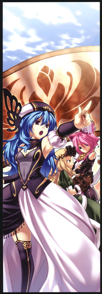 3girls :o armpits blonde_hair blue_hair bow detached_sleeves dress espgarude espgarude_(spectral_force) gloves hair_bow hat hirano_katsuyuki long_hair lufione lufione_(spectral_force) multiple_girls neorith neorith_(spectral_force) official_art pink_hair pointing red_eyes short_hair skirt spectral_(series) spectral_force_genesis white_dress