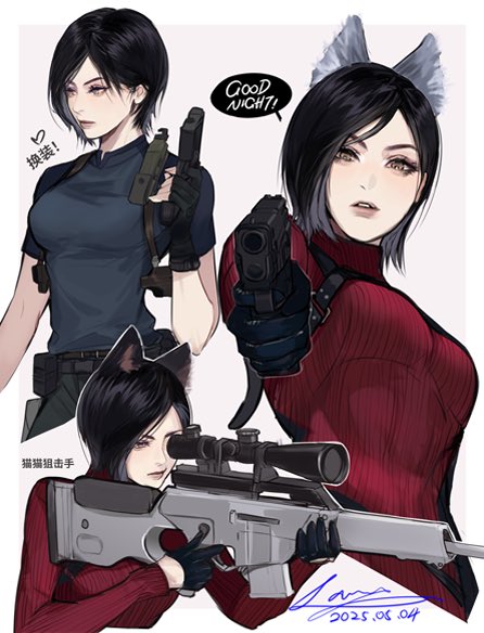 1girl ada_wong aiming aiming_at_viewer animal_ears black_gloves black_hair blue_shirt border breasts cat_ears chest_harness commentary_request dated dress english_text gloves gun handgun harness heart holding holding_gun holding_weapon lips long_sleeves looking_at_viewer medium_breasts meow_(cindy738) multiple_views outside_border parted_lips red_sweater resident_evil resident_evil_4 resident_evil_4_(remake) ribbed_sweater rifle shirt short_hair short_sleeves signature sniper_rifle speech_bubble sweater sweater_dress swept_bangs turtleneck turtleneck_sweater upper_body weapon white_border
