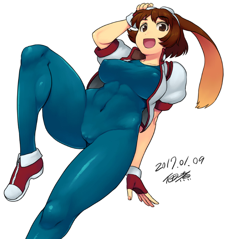 1girl animal_ears blue_bodysuit blue_unitard bob_cut bodysuit breasts breasts_apart brown_eyes brown_hair cameltoe commentary_request covered_erect_nipples covered_navel cropped_jacket dated fingerless_gloves gloves goggles goggles_on_head jacket large_breasts looking_at_viewer makihara_arina open_clothes open_jacket open_mouth puffy_short_sleeves puffy_sleeves rabbit_ears red_gloves red_shoes shoes short_hair short_sleeves signature skin_tight sneakers solo thick_thighs thighs tsukudani_(coke-buta) waku_waku_7