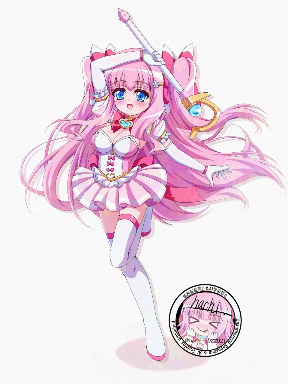 1girl :d back_bow blue_eyes blush boots bow breasts brooch cleavage dot_nose elbow_gloves full_body gloves hachi_(hachi11022021) hair_bow heart heart_brooch highres holding holding_wand jewelry large_breasts long_hair looking_at_viewer magical_girl miniskirt open_mouth original pink_bow pink_hair pink_skirt pleated_skirt signature simple_background skirt smile solo standing standing_on_one_leg thigh_boots thighhighs two_side_up wand watermark white_background white_gloves white_thighhighs zettai_ryouiki