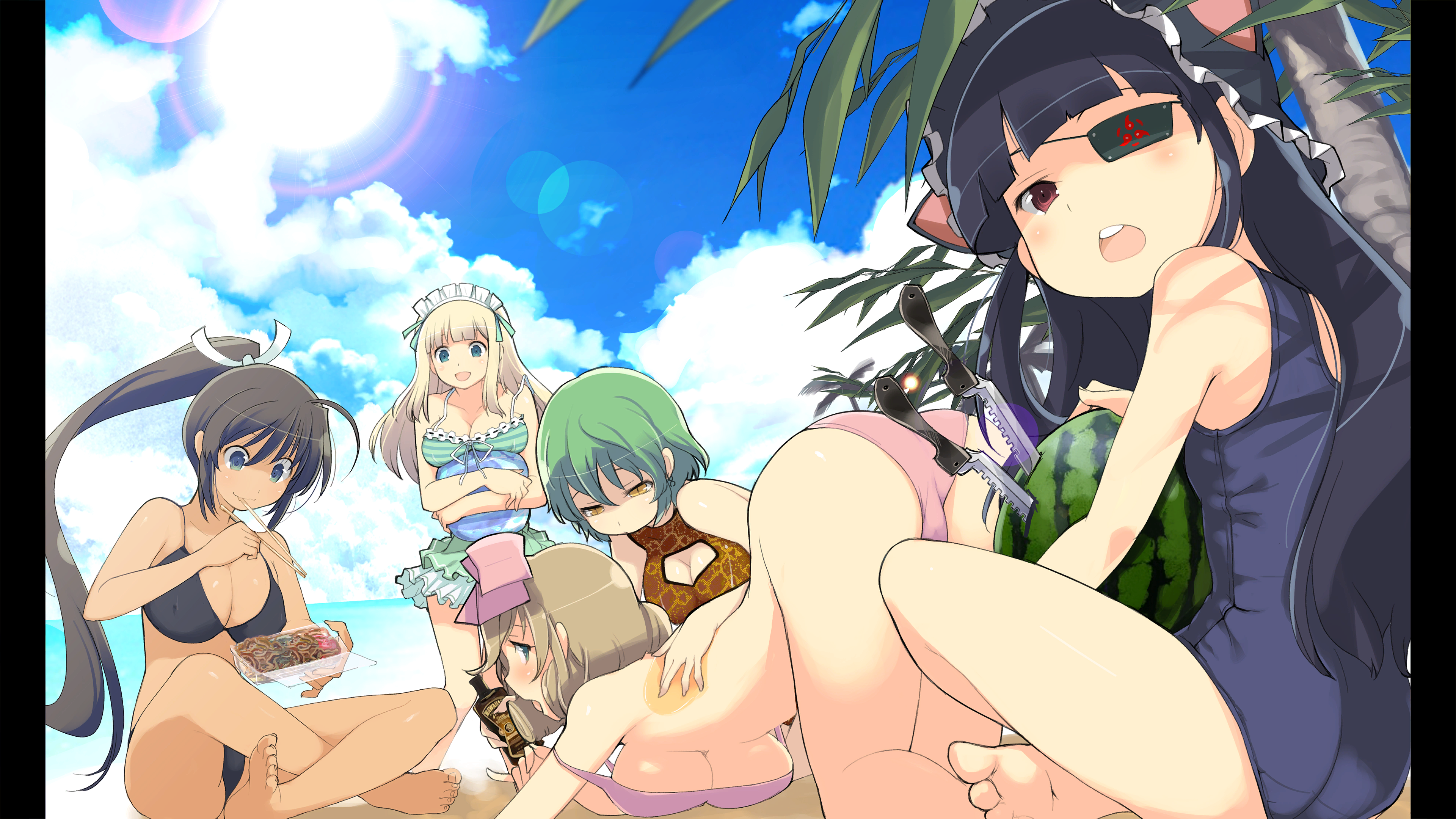 5girls absurdres ass barefoot beach bikini bikini_skirt black_bikini black_hair blonde_hair blue_eyes blue_one-piece_swimsuit blue_sky blunt_bangs bow breasts brown_hair chopsticks cleavage_cutout clothing_cutout cloud covered_erect_nipples curly_hair day eating eyepatch feet food fruit green_bikini green_eyes green_hair hair_bow hanging_breasts haruka_(senran_kagura) heart highres hikage_(senran_kagura) homura_(senran_kagura) indian_style knife large_bow large_breasts lens_flare looking_at_viewer looking_back lotion medium_breasts mirai_(senran_kagura) multiple_girls non-web_source official_art one-piece_swimsuit open_mouth outdoors pillarboxed pink_bikini pink_bow pinky_out ponytail purple_hair red_eyes senran_kagura senran_kagura_shoujo-tachi_no_shin'ei short_hair sitting sky slit_pupils small_breasts sunscreen swimsuit top-down_bottom-up underboob watermelon yaegashi_nan yakisoba yellow_eyes yomi_(senran_kagura)