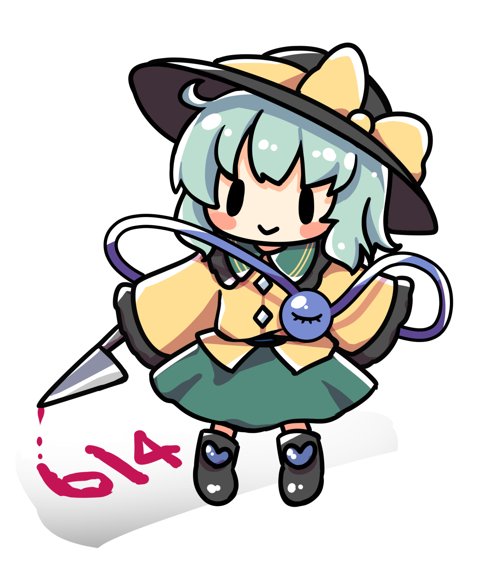 1girl :> black_boots black_hat blouse blush_stickers boots bow buttons chibi commentary_request diamond_button eyeball frilled_shirt_collar frilled_sleeves frills full_body green_skirt hat hat_bow hat_ribbon highres holding holding_knife knife komeiji_koishi light_green_hair long_sleeves medium_hair rapameri ribbon shirt simple_background skirt sleeves_past_fingers sleeves_past_wrists smile solid_oval_eyes solo standing third_eye touhou wavy_hair white_background wide_sleeves yellow_bow yellow_ribbon yellow_shirt