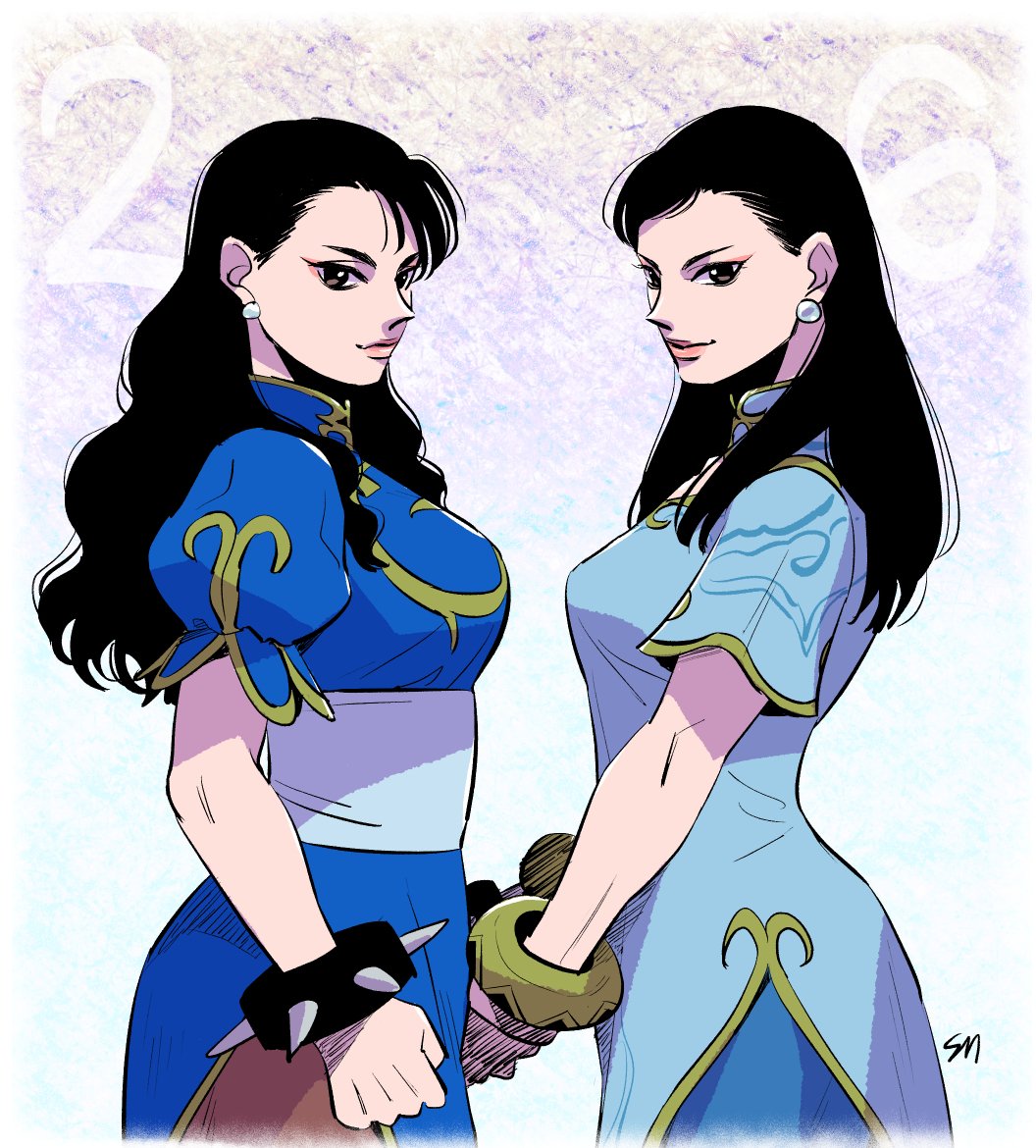 2girls alternate_hairstyle artist_request black_hair bracelet capcom chinese_clothes chun-li dual_persona earrings hair_down jewelry kamei_(yokoshima-ko) looking_at_viewer multiple_girls pantyhose pearl_earrings puffy_short_sleeves puffy_sleeves short_sleeves spiked_bracelet spikes street_fighter street_fighter_6 street_fighter_ii_(series) upper_body wavy_hair