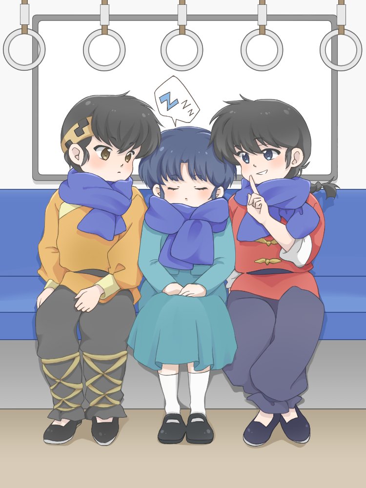1girl 2boys bandana black_hair blue_hair blush fuurinkan_high_school_uniform hibiki_ryouga honey_wacca multiple_boys ranma_1/2 saotome_ranma school_uniform short_hair sitting sleeping smile socks tendou_akane train_interior white_socks yellow_bandana