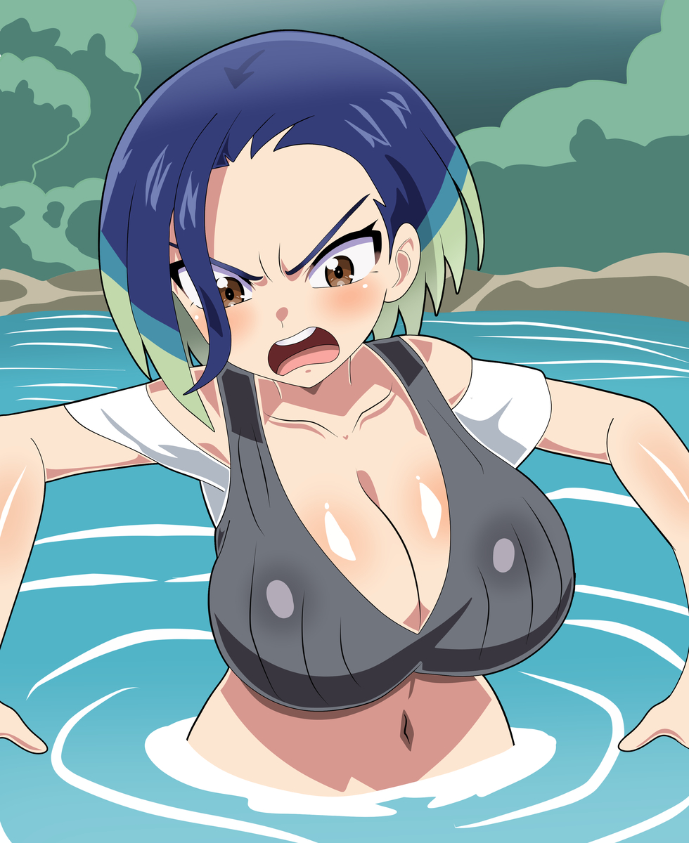 1girl anger anger_vein bare_shoulders black_choker black_shirt blue_hair bob_cut breasts brown_eyes choker cleavage crop_top denim floating grey_shirt highres hitokiwa_kenchin large_breasts loose_hair_strand midriff multicolored_hair nintendo parody perrin_(pokemon) pokemon pokemon_sv ranma_1/2 ribbed_shirt river shirt sleeveless sleeveless_shirt solo tagme two-tone_hair undershirt water wet wet_clothes