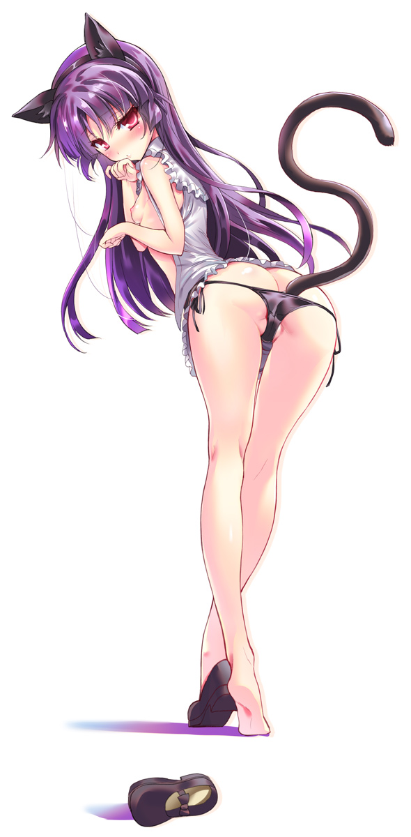1girl anal anal_beads anal_tail animal_ears apron ass bare_shoulders barefoot blush breasts butt_crack butt_plug cat_ears cat_tail crossed_legs fake_tail feet female_focus from_behind full_body gokou_ruri highres legs long_hair long_image long_legs looking_at_viewer looking_back mpeg7 nipples object_insertion ore_no_imouto_ga_konna_ni_kawaii_wake_ga_nai panties purple_hair red_eyes sex_toy shiny_clothes shiny_skin shoes side-tie_panties single_shoe small_breasts soles solo standing tail tall_image tiptoes underwear watson_cross white_background youta