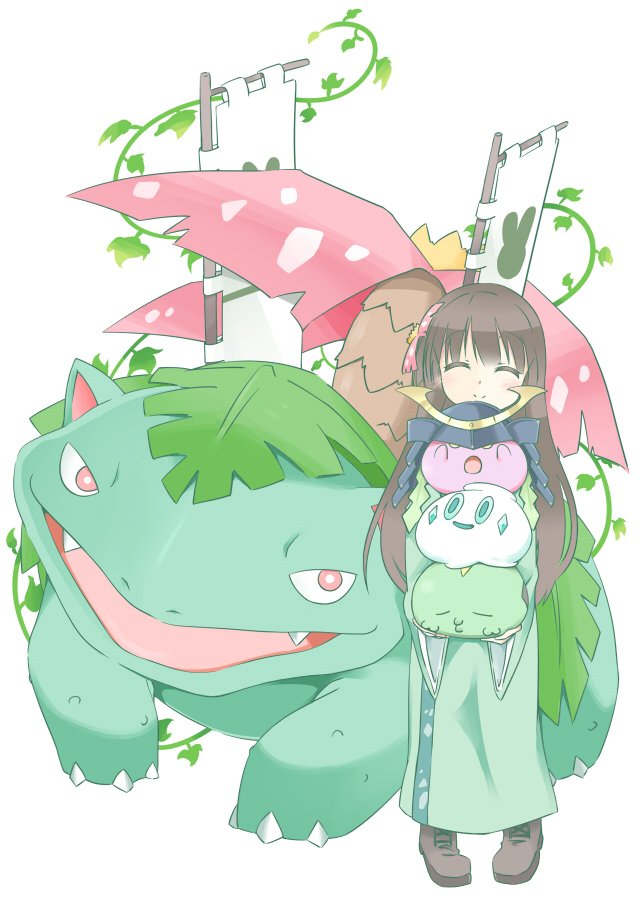 1girl alternate_costume armor bad_id bad_twitter_id banner blunt_bangs blush boots brown_footwear brown_hair closed_eyes closed_mouth commentary_request crossover facing_viewer flower full_body gen_1_pokemon gen_2_pokemon gen_3_pokemon gen_5_pokemon gochuumon_wa_usagi_desu_ka? green_kimono gulpin hair_flower hair_ornament helmet hetareeji holding hoppip japanese_armor japanese_clothes kabuto_(helmet) kimono long_sleeves looking_at_viewer nintendo pink_flower plant pokemon pokemon_(creature) sashimono smile ujimatsu_chiya vanillite venusaur vines white_background wide_sleeves