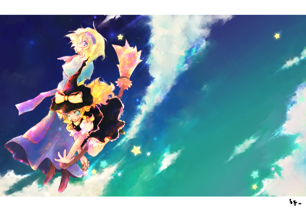 2girls alice_margatroid bad_id bad_pixiv_id blonde_hair blue_eyes broom broom_riding cloud day female_focus flying hairband hat kirisame_marisa long_hair multiple_girls ribbon short_hair sky star_(symbol) touhou ukihashi ukihashi_kei witch witch_hat