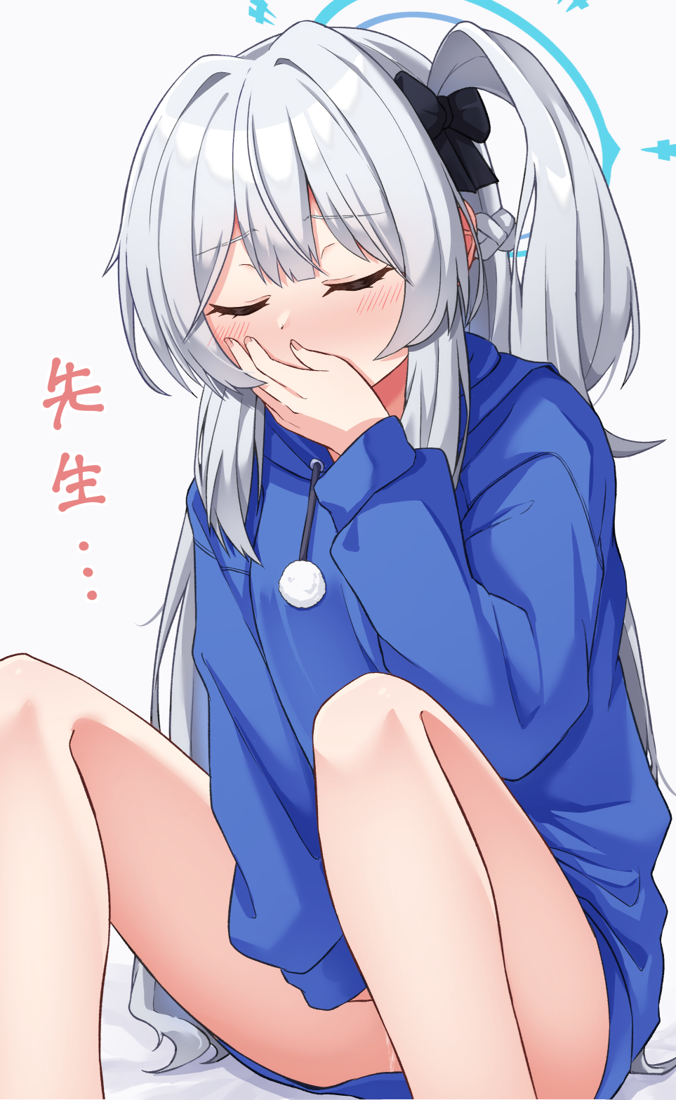 1girl blue_archive blue_halo blue_hoodie blush braid check_commentary check_translation closed_eyes commentary_request covering_own_mouth feet_out_of_frame female_masturbation fingernails grey_hair halo highres hood hood_down hoodie long_hair long_sleeves masturbation miyako_(blue_archive) miyako_(young)_(blue_archive) nenosame one_side_up pom_pom_(clothes) pussy_juice simple_background sitting solo translation_request