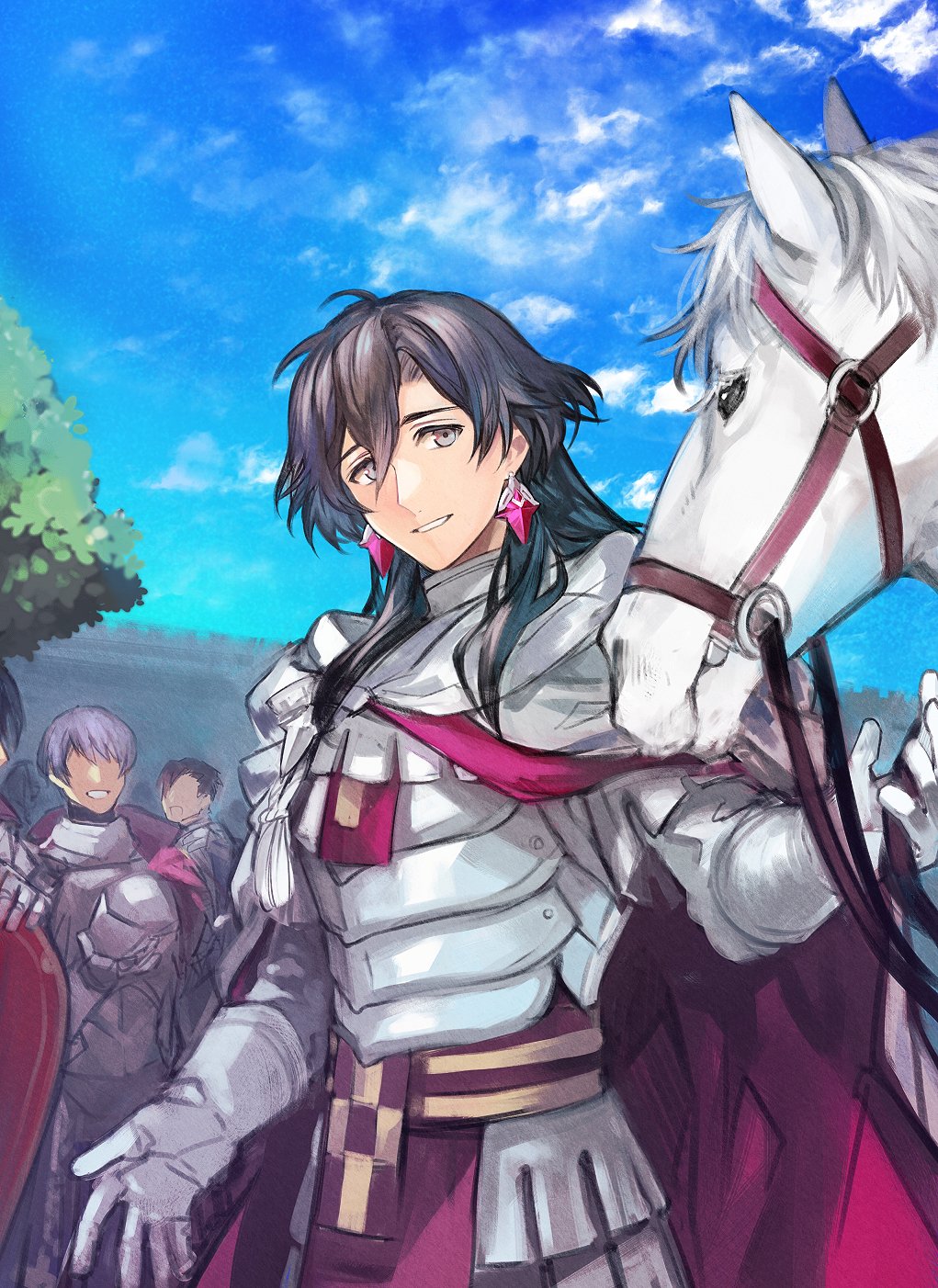 4boys armor black_hair blue_sky bridle cloak cloud commentary constantine_xi_(fate) cowboy_shot day earrings eyebrows_hidden_by_hair faceless faceless_male fate/grand_order fate_(series) gloves greek_commentary grey_eyes grin hair_between_eyes unworn_headwear heki0529 helmet unworn_helmet highres holding holding_helmet holding_shield horse jewelry long_hair looking_at_viewer male_focus multiple_boys outdoors parted_lips purple_hair shield short_hair sky smile solo_focus tree wall white_armor white_cloak white_gloves white_horse