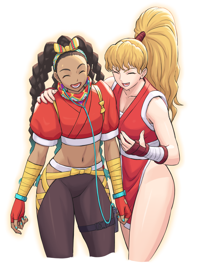 2girls bare_shoulders blonde_hair breasts brown_hair closed_eyes crop_top dark-skinned_female dark_skin final_fight final_fight_2 fingerless_gloves genryuusai_maki gloves hand_on_another&#039;s_shoulder kimberly_jackson long_hair medium_breasts multi-tied_hair multiple_girls ninja noppo_(tarstation) pants pelvic_curtain ponytail short_sleeves sleeveless street_fighter street_fighter_6 very_long_hair