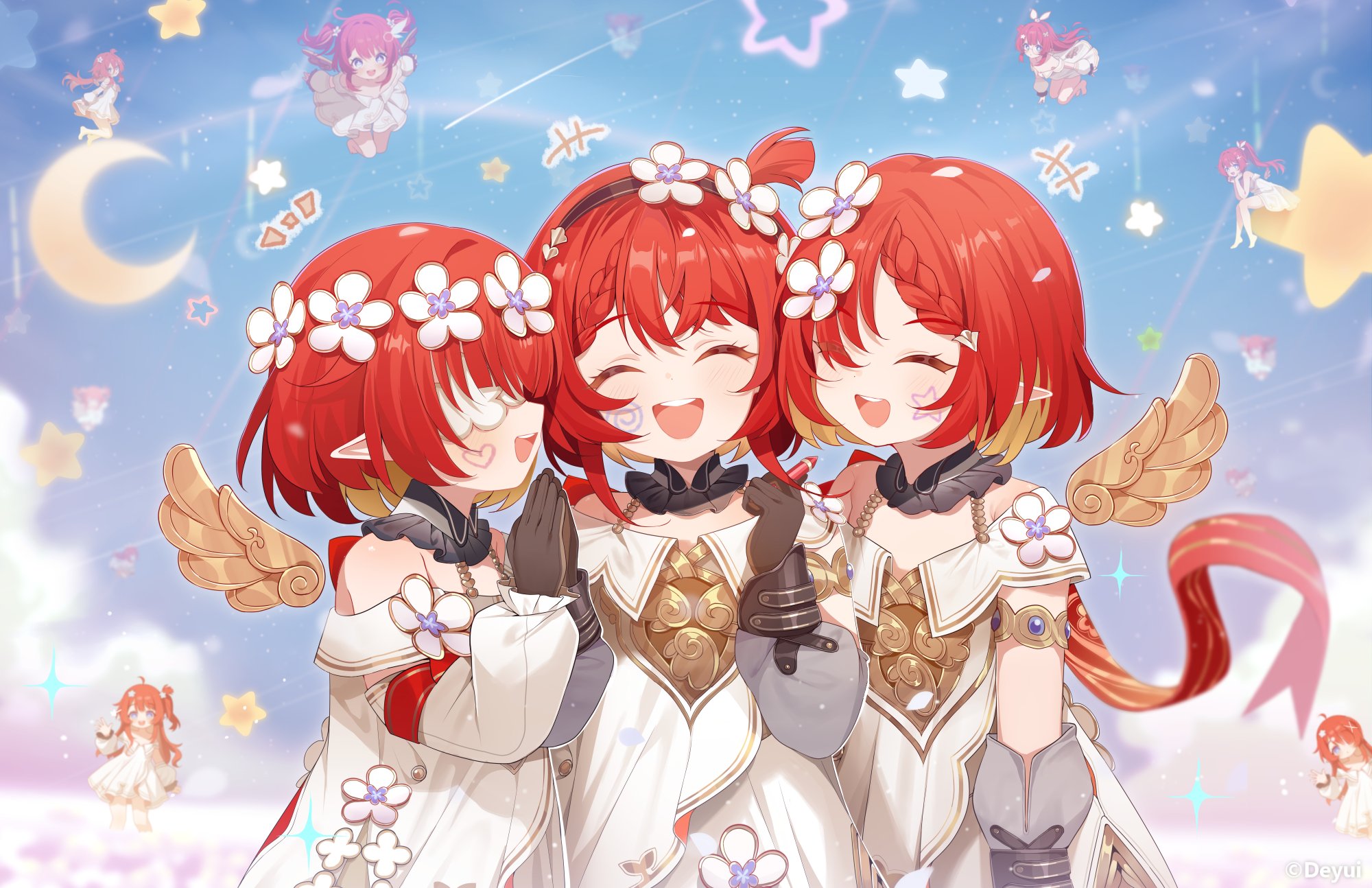 6+girls ancient_greek_clothes black_gloves black_hairband blue_sky crayon crescent_moon deyui dress gloves greco-roman_clothes hairband head_wreath heart_on_cheek highres holding holding_crayon honkai:_star_rail honkai_(series) moon multiple_girls red_hair short_hair sky smile star_(sky) star_on_cheek teeth trianne_(honkai:_star_rail) tribbie_(honkai:_star_rail) trinnon_(honkai:_star_rail) twitter_username white_blindfold white_dress