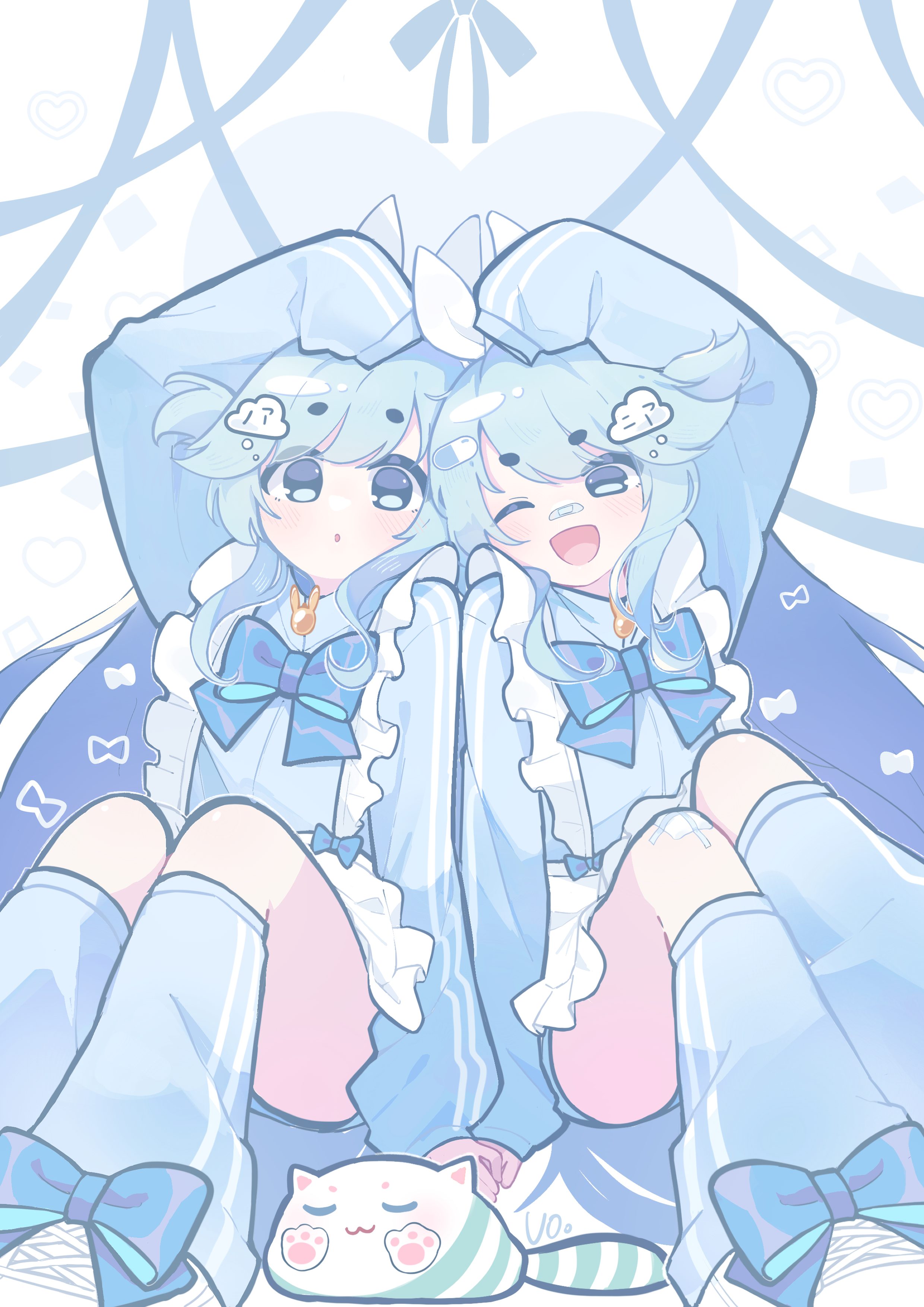 ;d absurdres back-to-back bandaid bandaid_on_face bandaid_on_leg bandaid_on_nose bemani blue_bandaid blue_eyes blue_hair blue_ribbon blue_track_suit blush cat commentary hair_ornament hair_ribbon heart highres jacket jersey_maid leaning_on_person leg_warmers maid near_(sound_voltex) noah_(sound_voltex) one_eye_closed open_mouth pill_hair_ornament rabbit_ornament ribbon siblings sitting smile sound_voltex tamaneko_(sound_voltex) track_jacket track_suit twins unconventional_maid wavy_hair white_footwear
