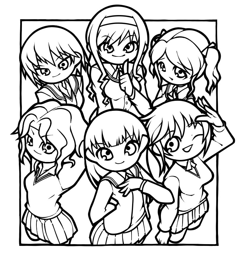 6+girls ;d amagami arm_behind_back arm_up arms_behind_head arms_up ayatsuji_tsukasa breasts closed_mouth finger_to_face hair_ribbon hairband hand_up index_finger_raised jacket kibito_high_school_uniform lineart long_hair long_sleeves medium_breasts miniskirt monochrome morishima_haruka multiple_girls nakata_sae name_omoitukan2 nanasaki_ai one_eye_closed open_clothes open_jacket open_mouth pleated_skirt ribbon sakurai_rihoko school_uniform short_hair skirt smile tanamachi_kaoru thick_lineart twintails