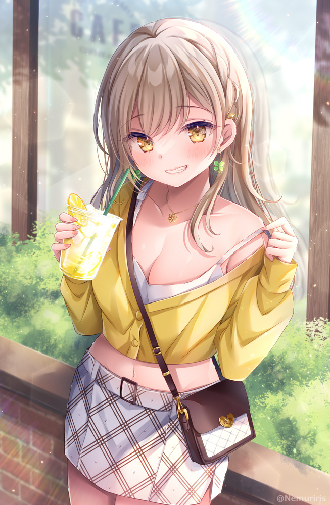 1girl bag bare_shoulders braid breasts brown_eyes brown_hair camisole cleavage collarbone commentary_request cropped_jacket cup day disposable_cup drinking_straw food four-leaf_clover_earrings fruit grin holding holding_cup ice ice_cube jacket jewelry lemon lemon_slice long_hair long_sleeves looking_at_viewer medium_breasts midriff nail_polish navel nemuri_nemu off_shoulder original outdoors pendant pink_nails puffy_long_sleeves puffy_sleeves shoulder_bag skirt sleeves_past_wrists smile solo white_camisole white_skirt yellow_jacket