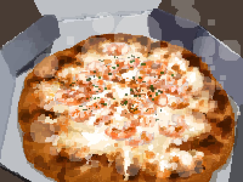 box brown_background burnt cardboard_box cheese food food_focus hisachan55cute no_humans original pixel_art pizza shrimp simple_background spring_onion steaming_food