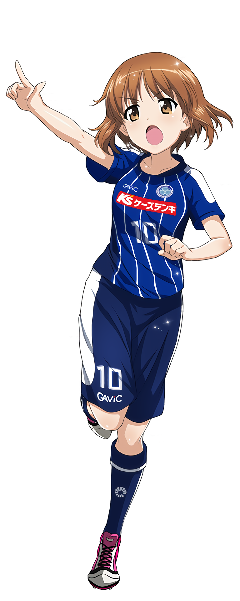 10s 1girl artist_request ball female_focus full_body girls_und_panzer girls_und_panzer_senshadou_daisakusen! highres index_finger_raised j._league mito_hollyhock nishizumi_miho open_mouth running short_hair soccer soccer_ball soccer_uniform solo sportswear translation_request transparent_background waifu2x white_background