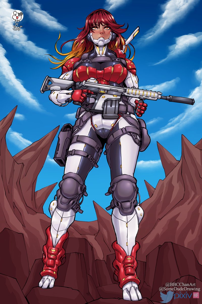 1girl armor armored_bodysuit artist_collaboration battle_rifle bbc-chan blonde_hair blue_sky borrowed_character breastplate breasts colorized commentary commission cyborg dark-skinned_female dark_skin english_commentary from_below full_body gradient_hair gun highres holding holding_gun holding_weapon holster holstered joints knee_pads large_breasts long_hair making-of_available military_operator multicolored_hair neon_trim original paid_reward_available red_eyes red_hair rifle robot_joints science_fiction sky solo somedudedrawing suppressor thigh_holster thigh_strap trigger_discipline weapon