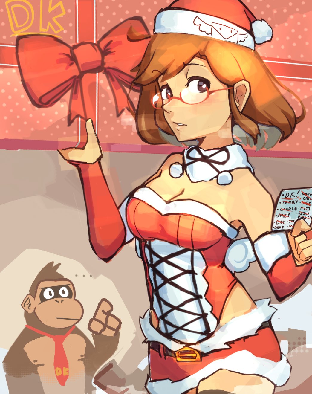 ... 1girl :| alternate_costume ape bare_shoulders body_fur breasts bridal_gauntlets bright_pupils brown_eyes brown_fur brown_hair carrying cleavage closed_mouth cowboy_shot detached_collar donkey_kong donkey_kong_(series) donkey_kong_country dress elbow_gloves expressionless fur-trimmed_dress fur-trimmed_gloves fur-trimmed_headwear fur-trimmed_skirt fur_collar fur_trim gift glasses gloves gorilla hand_up hands_up hat highres hip_vent holding holding_gift holding_paper index_finger_raised light_blush looking_at_viewer mini_wings necktie nikki_(swapnote) nintendo note paper parted_bangs parted_lips red-framed_eyewear red_gloves red_necktie santa_costume santa_dress santa_hat semi-rimless_eyewear short_hair skirt solo_focus strapless strapless_dress swapnote vortexexe3 white_pupils wings