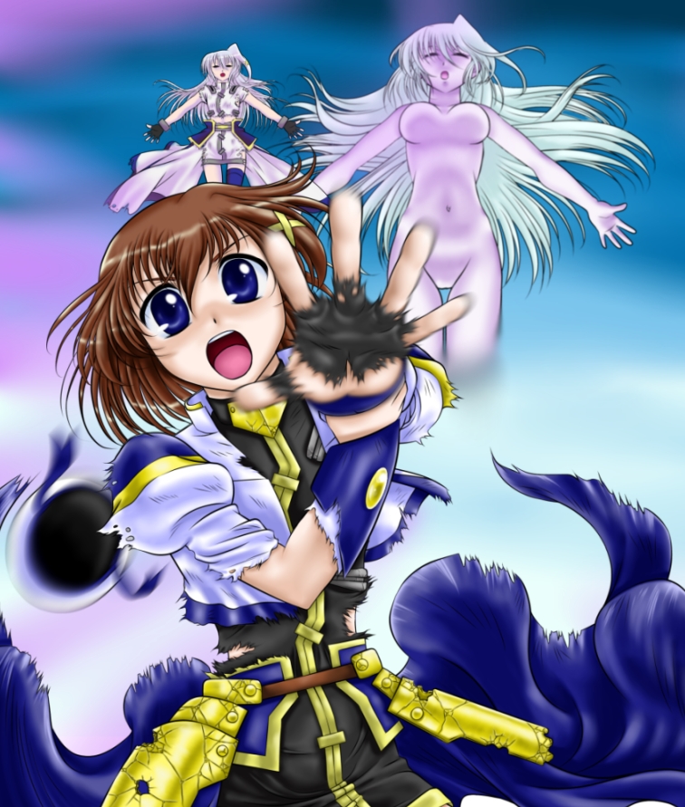 00s 3girls blue_eyes breasts brown_hair long_hair lyrical_nanoha mahou_shoujo_lyrical_nanoha mahou_shoujo_lyrical_nanoha_strikers multiple_girls nude reinforce reinforce_zwei short_hair silver_hair single_thighhigh small_breasts tarisa thighhighs time_paradox torn_clothes yagami_hayate