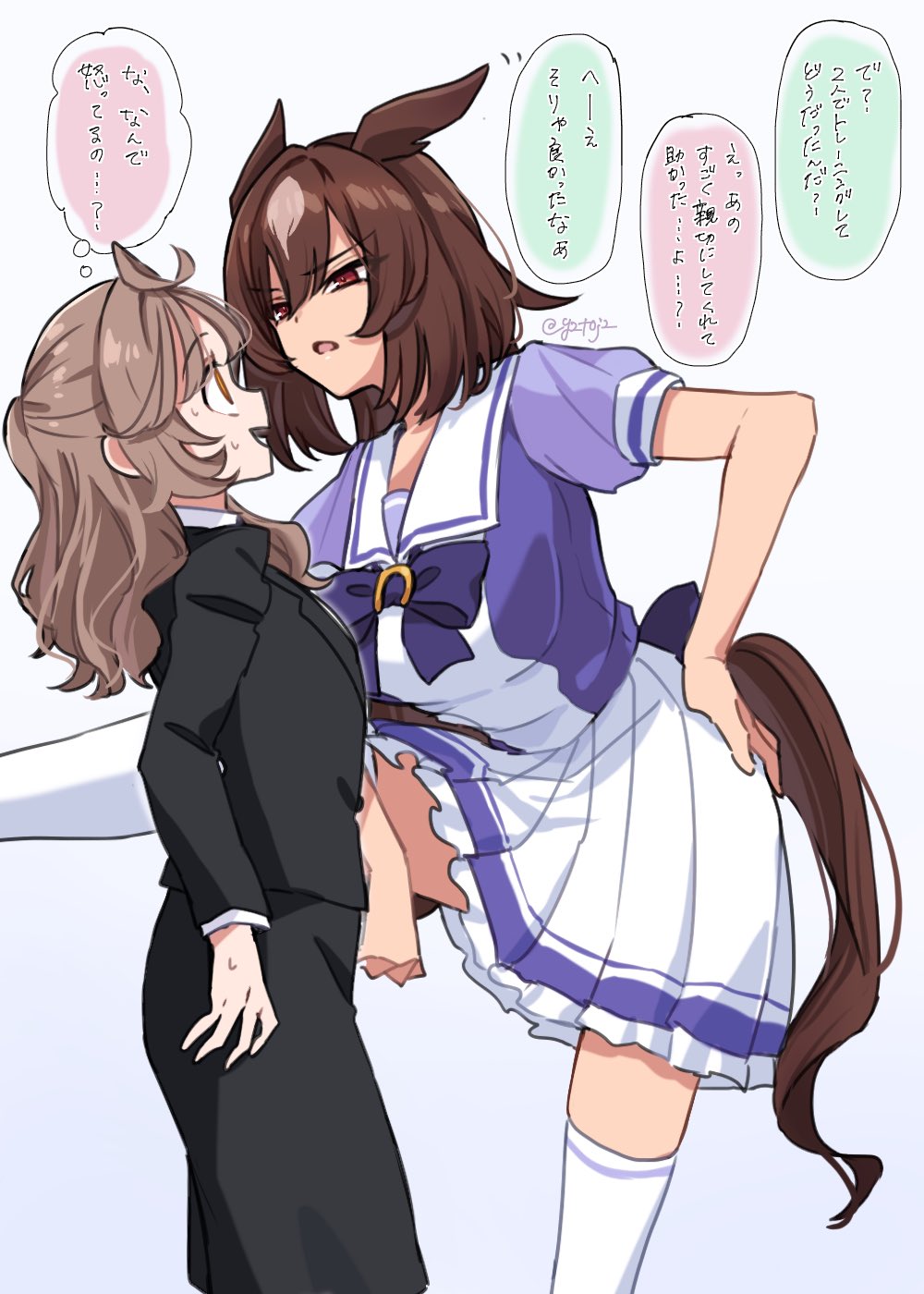 2girls ahoge animal_ears black_jacket black_skirt breasts eye_contact female_trainer_(umamusume) foot_kabedon half-closed_eyes hand_on_own_hip highres horse_ears horse_girl horse_tail jacket kabedon long_hair long_sleeves looking_at_another medium_breasts multiple_girls nervous_sweating open_mouth orange_eyes ponytail purple_shirt red_eyes sailor_collar school_uniform shirt short_sleeves sidelocks sirius_symboli_(umamusume) skirt speech_bubble sweat tail thighhighs thought_bubble toji_(y2toj2) tracen_school_uniform trainer_(umamusume) translation_request twitter_username umamusume v-shaped_eyebrows white_skirt white_thighhighs wide-eyed