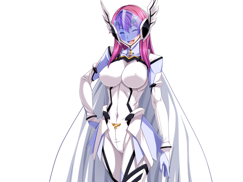 1girl blue_skin bodysuit breasts cape closed_eyes colored_skin covered_erect_nipples covered_navel face_shield game_cg gentle_sasaki hand_on_own_hip helmet large_breasts long_hair non-web_source official_art open_mouth pink_hair prism_reica shindou_hatsune smile solo soukou_senki_prism_reica transparent_background wings