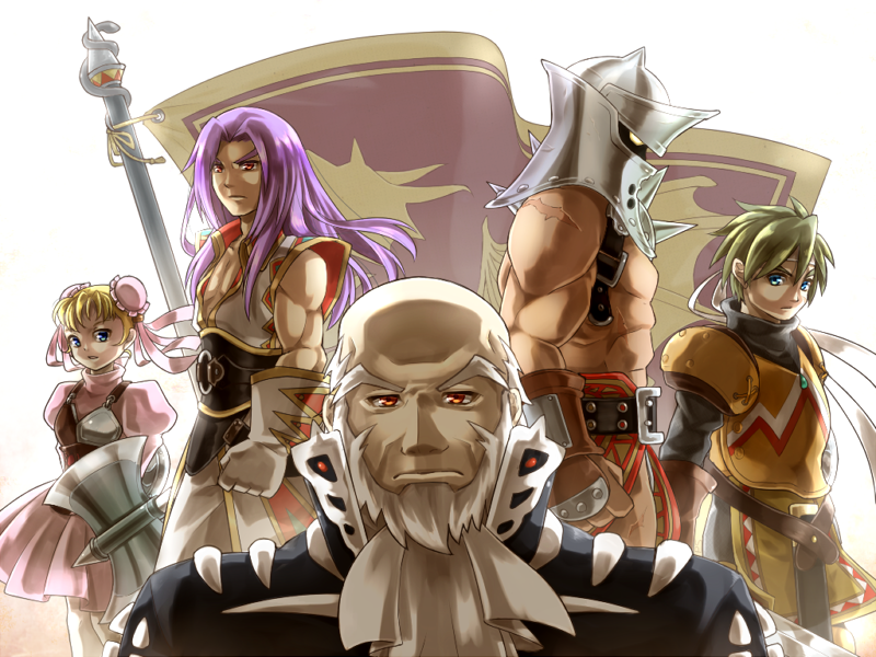 1girl 4boys axe bald beard belt blonde_hair blue_eyes brown_gloves bun_cover chrono_(series) chrono_cross ascot dress facial_hair flag general_viper glenn gloves headband helmet karsh looking_at_viewer marcy_(chrono_cross) multiple_boys muscular pink_dress purple_hair rai_mugi red_eyes topless_male weapon white_hair zoah