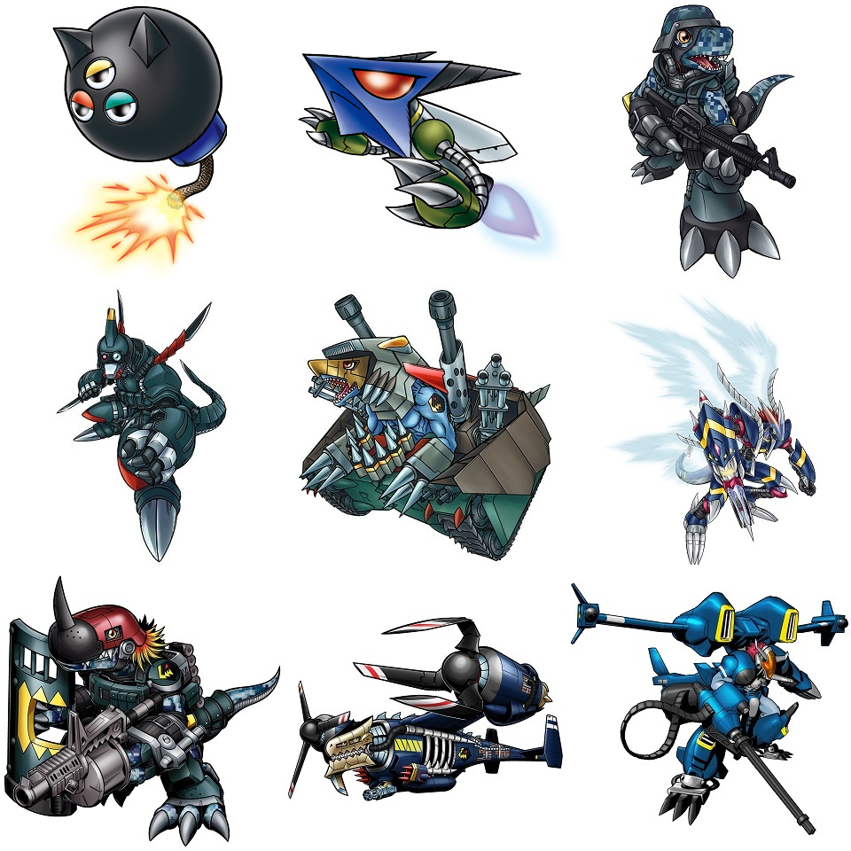 bommon brigadramon cargodramon commandramon cyborg d-brigade darkdramon digimon digimon_(creature) dragon energy_wings gatling_gun hi-commandramon military_vehicle missimon motor_vehicle official_art robot sealsdramon tank tankdramon