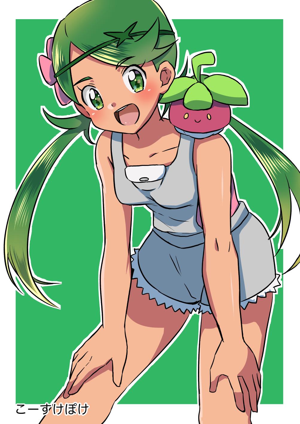 1girl bare_shoulders blush bounsweet breasts flower game_freak gen_7_pokemon green_eyes green_hair hair_flower hair_ornament highres ko_suke_marill long_hair mallow_(pokemon) medium_breasts nintendo overall_shorts overalls pokemon pokemon_sm sleeveless teeth twintails upper_teeth_only