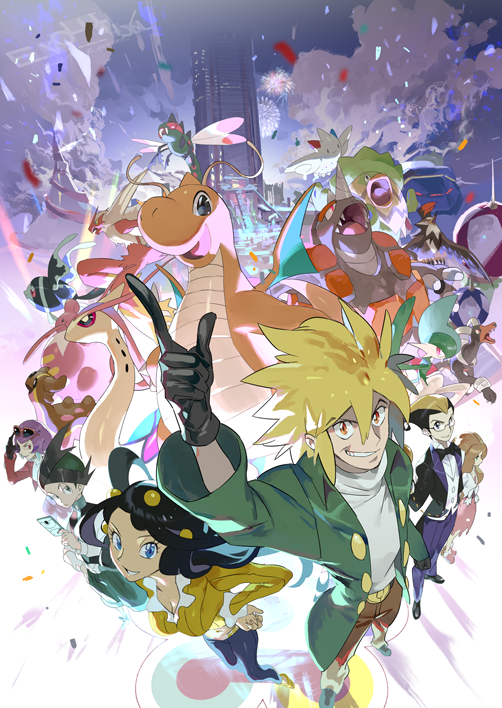 3boys 3girls argenta_(pokemon) artist_name battle_frontier_(pokemon) belt_buckle black_gloves black_hair blaziken blonde_hair blue_eyes breasts brown_hair brown_pants buckle caitlin_(pokemon) cleavage coat confetti dahlia_(pokemon) darach_(pokemon) dragonite e_volution eyelashes gallade gastrodon gastrodon_(west) gen_1_pokemon gen_2_pokemon gen_3_pokemon gen_4_pokemon glasses gloves green_coat holding houndoom jacket lickilicky looking_at_viewer ludicolo lumineon milotic multiple_boys multiple_girls navel nintendo open_clothes open_coat palmer_(pokemon) pants pink_skirt pokemon pokemon_(creature) pokemon_dppt pokemon_platinum purple_hair red_jacket rhyperior shirt shoes short_hair skirt smile spiked_hair staraptor sunglasses thorton_(pokemon) togekiss white_shirt yanmega yellow_shirt