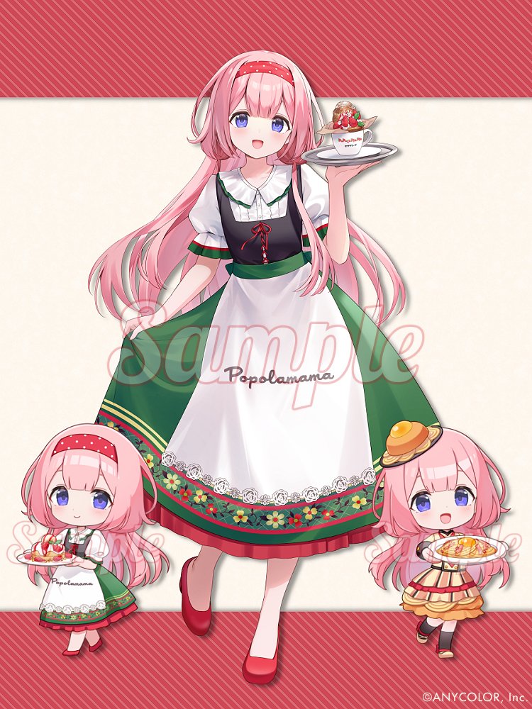 1girl blue_eyes blush cake chibi chibi_inset closed_mouth company_name cup food full_body hairband hat holding letterboxed long_hair looking_at_viewer momoshiki_tsubaki nijisanji open_mouth outside_border pasta pink_hair plate red_hairband red_shoes sample_watermark shirt shoes skirt spaghetti suo_sango virtual_youtuber watermark white_shirt