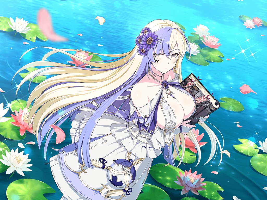 1girl armpit_crease ball bare_shoulders between_breasts blonde_hair blue_dress blue_flower blue_hair blunt_bangs blunt_ends blunt_tresses blush book breast_curtains breasts cleavage collarbone dress facial_tattoo falling_petals floral_print flower frilled_dress frills grey_eyes grimoire hair_flower hair_ornament holding holding_book jewelry large_breasts lens_flare light_particles lily_pad long_hair looking_at_viewer lotus multicolored_hair official_art ofuda pendant petals petals_on_liquid pink_flower pond ribbon-trimmed_dress ribbon_trim ripples senran_kagura senran_kagura_new_link sideboob solo sparkle suiren_(senran_kagura) talisman tattoo two-tone_dress two-tone_hair water water_lily_flower white_dress white_flower white_lotus yaegashi_nan