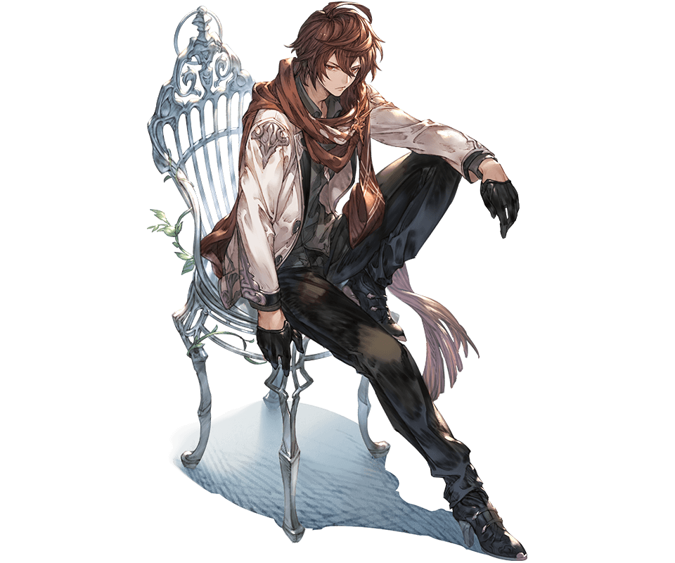 1boy ahoge annoyed arm_on_knee bishounen black_gloves black_shirt boots brown_hair brown_scarf buttons chair downscaled dress_shirt floating_scarf full_body gloves granblue_fantasy hair_between_eyes high_heel_boots high_heels jacket knee_up light_frown looking_to_the_side male_focus minaba_hideo official_alternate_costume official_art on_chair open_clothes open_jacket plant red_eyes resized sandalphon_(granblue_fantasy) scarf shadow shirt tachi-e transparent_background vines white_jacket