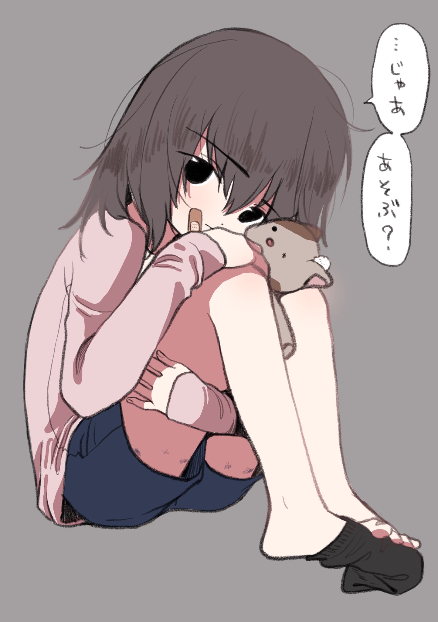 1girl barefoot black_eyes black_hair blue_shorts child dirty feet female_focus grey_background highres holding holding_stuffed_toy hugging_own_legs long_sleeves looking_at_viewer medium_hair original piko_(pixiv) shorts simple_background single_sock sock_dangle socks solo stuffed_toy toes