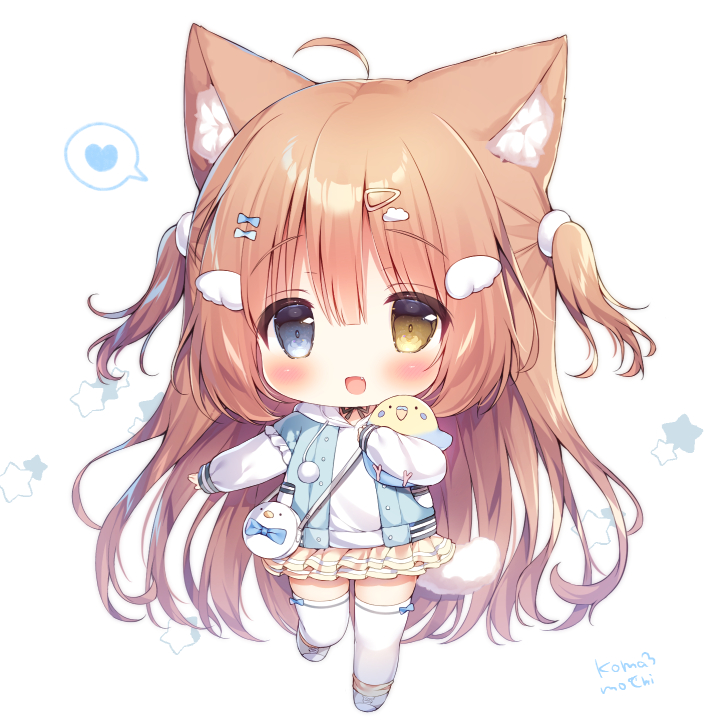 1girl ahoge animal_ear_fluff animal_ears blue_bow blue_jacket blush bow bow_legwear brown_hair buttons chibi chibi_only cloud_hair_ornament commentary_request drawstring fang frilled_sleeves frills hair_bow hair_ornament hairclip heart holding holding_stuffed_toy hood hood_down hoodie jacket jacket_over_hoodie komako_(momozu_komamochi) layered_skirt layered_sleeves leg_up leg_warmers long_hair long_sleeves miniskirt momozu_komamochi open_clothes open_jacket open_mouth original pleated_skirt pom_pom_(clothes) shoes short_over_long_sleeves short_sleeves skirt sleeves_past_wrists smile solo speech_bubble spoken_heart star_(symbol) stuffed_animal stuffed_bird stuffed_toy tail thighhighs two_side_up white_bow white_hoodie white_shoes white_thighhighs wing_hair_ornament yellow_eyes yellow_leg_warmers yellow_skirt