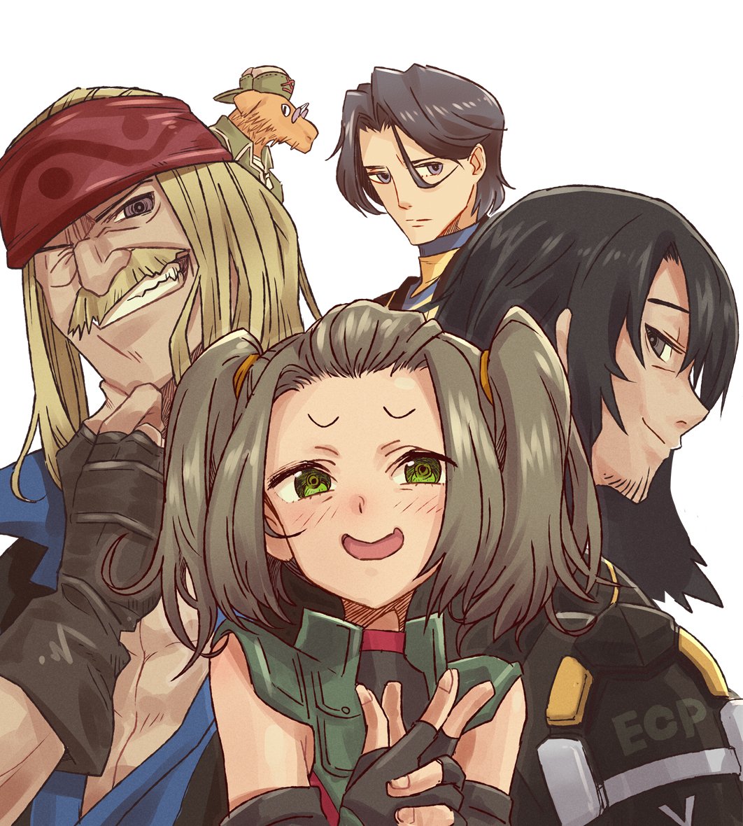 1girl 4boys black_gloves black_hair blonde_hair blue_shirt blush brown_hair commentary dickson_(xenoblade) eushima_(sgr) facial_hair fingerless_gloves glasses gloves green_eyes green_vest hammer_(xenogears) headband kevin_winnicot lao_huang long_hair looking_at_viewer loose_hair_strand multiple_boys mustache one_eye_closed red_headband round_eyewear shania_(xenoblade) shirt short_hair smile spoilers trait_connection twintails vector_industries_uniform vest xenoblade_chronicles_(series) xenoblade_chronicles_1 xenoblade_chronicles_3 xenoblade_chronicles_x xenogears xenosaga xenosaga_episode_iii