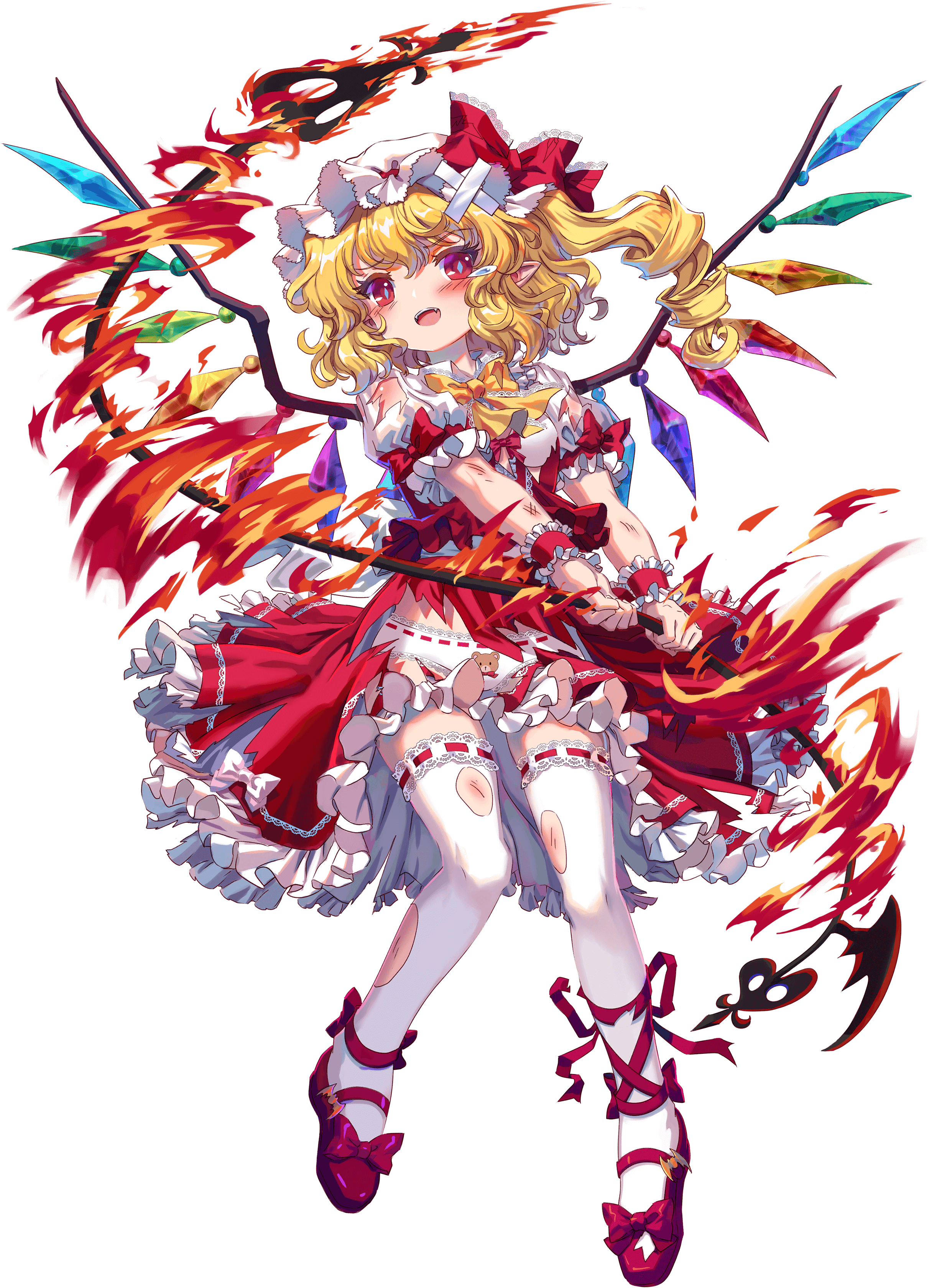 1girl absurdres animal_print bear_print blonde_hair blue_gemstone bra center_frills crossed_bandaids crystal_wings fangs fire flandre_scarlet footwear_ribbon frilled_skirt frilled_sleeves frilled_thighhighs frilled_wrist_cuffs frills game_cg gem green_gemstone hat highres holding holding_weapon injury kumio laevatein_(touhou) leg_ribbon mary_janes mob_cap non-web_source orange_gemstone panties pointy_ears purple_gemstone red_eyes red_gemstone red_ribbon red_shoes red_skirt red_vest red_wrist_cuffs ribbon shirt shoes side_ponytail skirt solo tachi-e teardrop thighhighs torn_clothes torn_footwear torn_ribbon torn_shoes torn_skirt torn_sleeves torn_thighhighs torn_vest touhou touhou_blooming_chaos underwear vest weapon white_bra white_hat white_panties white_shirt white_sleeves white_thighhighs wrist_cuffs yellow_gemstone yellow_ribbon zettai_ryouiki