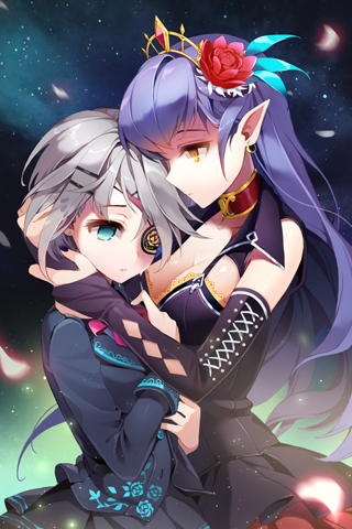 2girls audrey_(fantasy_masters) blue_eyes bow breasts bridal_gauntlets choker cleavage earrings expressionless eyepatch fantasy_masters flower gilse hair_flower hair_ornament hairpin hug iri_flina jewelry long_hair lowres multiple_girls nail_polish night open_mouth outdoors pleated_skirt pointy_ears purple_hair ribbon rose shaded_face short_hair silver_hair skirt sword_girls tiara yellow_eyes