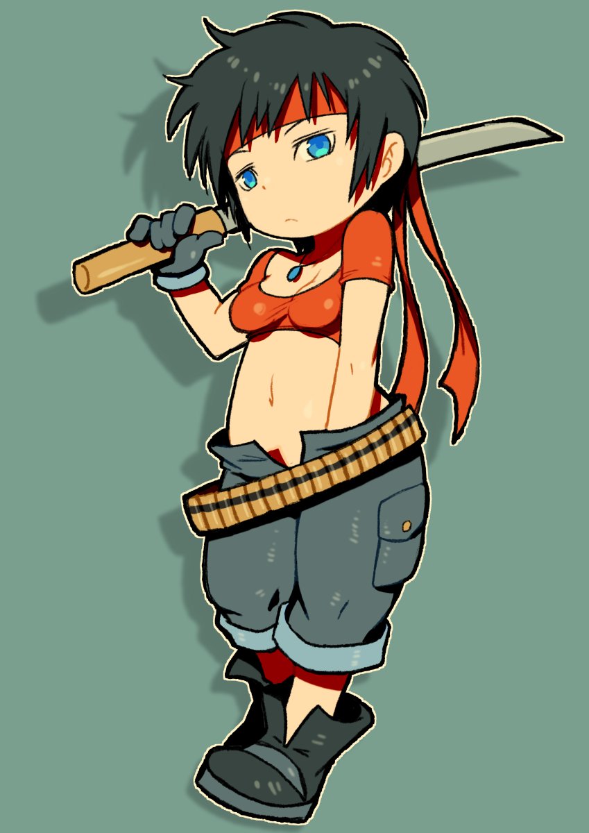1girl beeru_(veil8801) black_gloves black_hair breasts closed_mouth crop_top cropped_shirt denim full_body fuu&#039;un gloves hand_in_pants headband highres holding holding_weapon jeans kizuna_encounter looking_at_viewer midriff navel pants red_shirt rosa_(fuu&#039;un) shirt short_hair simple_background solo weapon