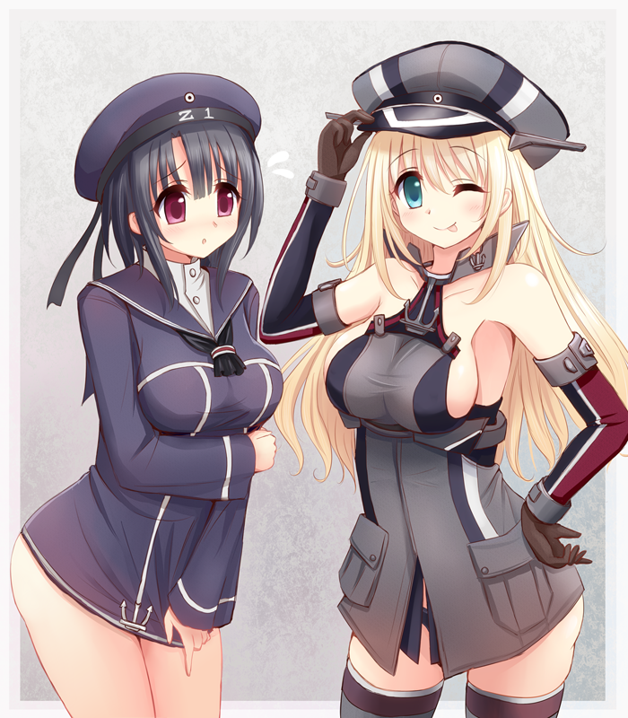 2girls ;p akisame_rizu alternate_costume aqua_eyes atago_(kancolle) bismarck_(kancolle) bismarck_(kancolle)_(cosplay) black_hair blonde_hair breasts clothes_writing cosplay covering_crotch covering_privates hat kantai_collection large_breasts long_hair looking_at_viewer multiple_girls one_eye_closed peaked_cap purple_eyes revision sailor_hat short_hair sideboob takao_(kancolle) thighhighs tongue tongue_out z1_leberecht_maass_(kancolle) z1_leberecht_maass_(kancolle)_(cosplay)
