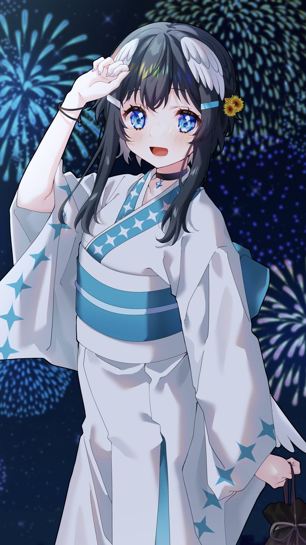 1girl aerial_fireworks arm_up back_bow black_hair blue_bow bow commentary_request feathered_wings fireworks flower hair_flower hair_ornament hairclip head_wings highres indie_virtual_youtuber japanese_clothes kimono kurata_rine kurata_rine_(vtuber) long_sleeves looking_at_viewer night night_sky obi outdoors sash second-party_source sky solo standing sunflower sunflower_hair_ornament virtual_youtuber white_kimono wide_sleeves wings yellow_flower