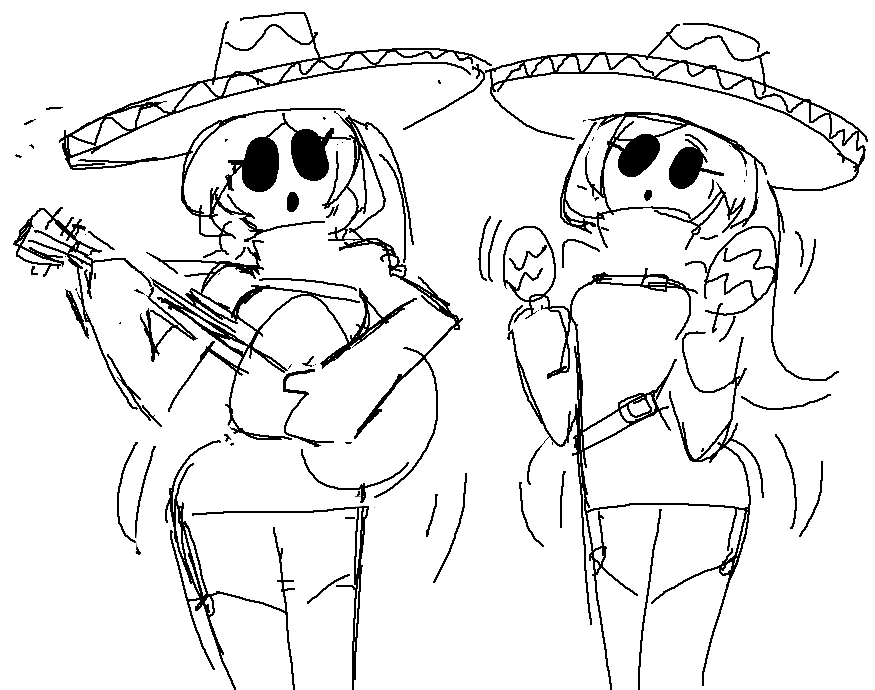 2016 2girls arms_up bad_id breasts female_focus garter_straps guitar hat hood hood_up hoodie instrument jiggle legs_together long_eyelashes long_hair maracas mario_(series) mask medium_breasts minuspal monochrome multiple_girls nintendo shy_gal simple_background sketch sleeves_past_fingers sleeves_past_wrists sombrero thighhighs thighs white_background