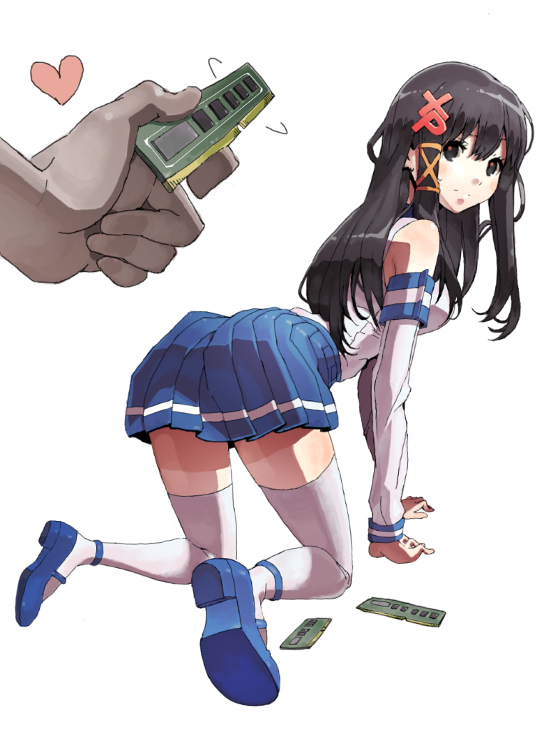 1boy 1girl all_fours bare_shoulders black_hair blue_eyes blue_skirt breasts detached_sleeves hair_ornament heart holding isako77 long_hair long_sleeves looking_at_another looking_back mary_janes os-tan pleated_skirt ram_(computer) shirt shoes simple_background skirt sleeveless sleeveless_shirt solo_focus thighhighs white_background white_shirt white_thighhighs x_hair_ornament xp-tan zettai_ryouiki