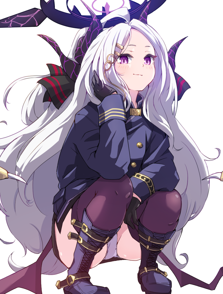 1girl ahoge arm_support ass black_boots black_gloves black_skirt black_thighhighs blue_archive boots commentary_request demon_girl demon_horns demon_wings forehead gloves hair_ornament hair_ribbon hairclip half_updo halo head_rest hina_(blue_archive) horns knee_boots leaning_forward long_hair long_sleeves looking_at_viewer military_uniform mosuke1221 panties pantyshot parted_bangs pencil_skirt purple_eyes ribbon side_slit sidelocks simple_background skirt smile solo squatting thighhighs underwear wavy_hair white_background white_hair white_panties wings